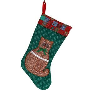 Vintage Calico Cat Christmas Stocking Quilted Patchwork Kitty Farmhouse Country